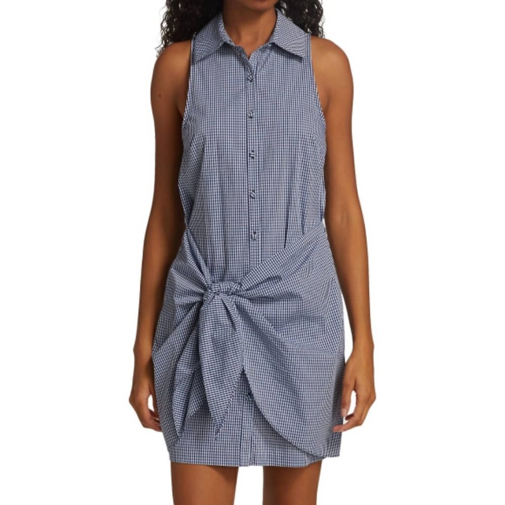 CINQ À SEPT 'Gaby' Gingham-Print Sleeveless Shirt Dress, Navy Blue/White